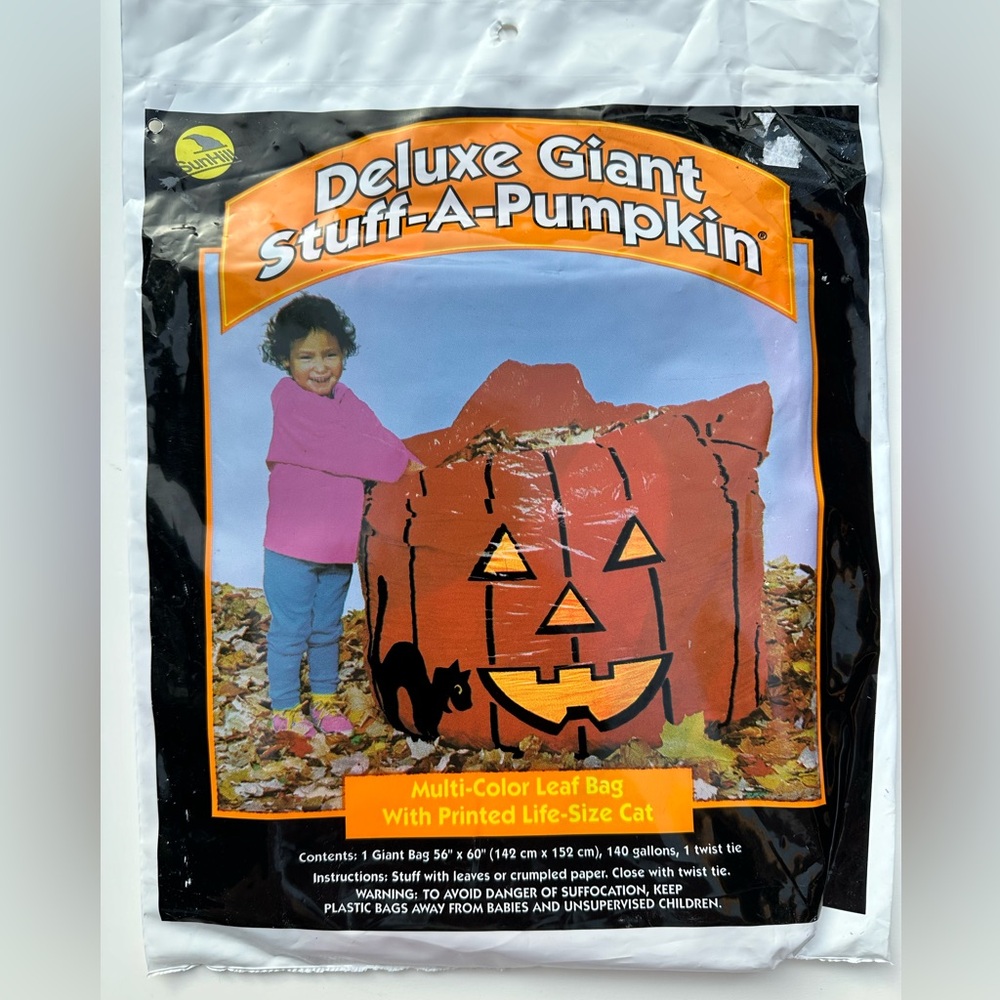 90s VTG Halloween Giant Stuff -a- Pumpkin 140 Gallon Lawn Bag 56”x60” NOS
